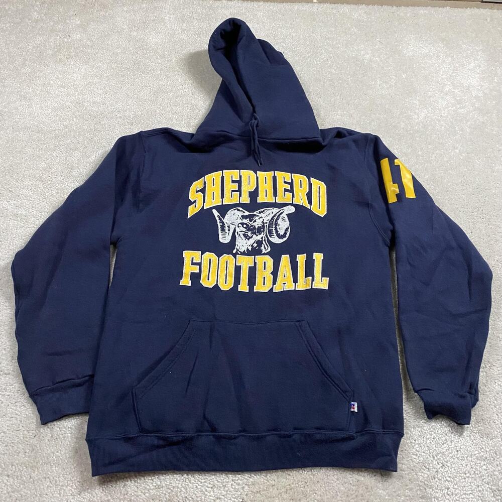 VTG 80s Russell Athletic Hoodie Mens L Shepherd Football Blue Sweatshirt